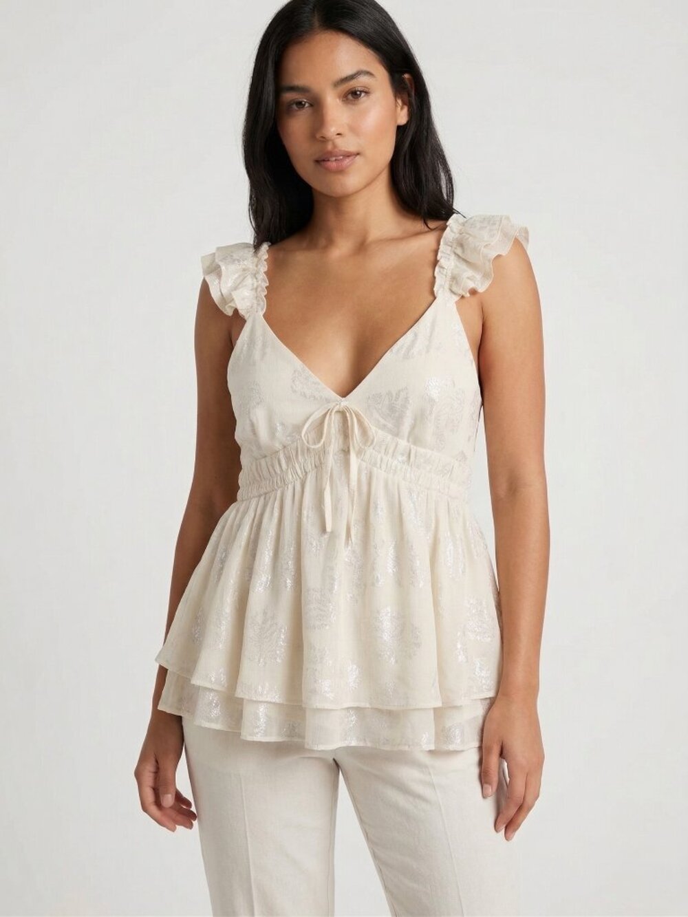 Parker Arlet Ruffle Sleeve Camisole Large Soft Cream Metallic Clip Dot
